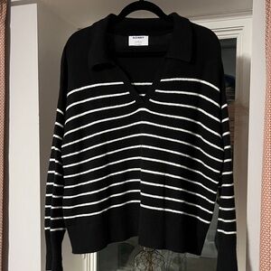 Polo Sweater Striped Black and White V Neck Large